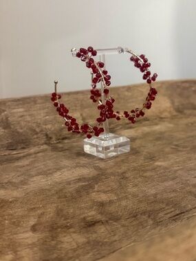 Large Red Beaded Hoop Earrings